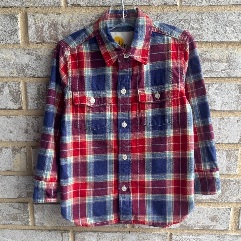 Boden Long Sleeve Button Front Collared Plaid 100% Cotton Shirt Boy's Size 4-5